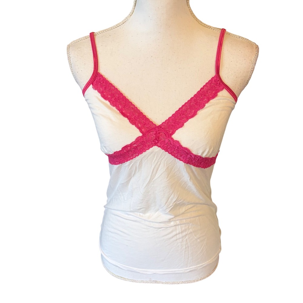 Victoria's Secret Vintage Y2K Hot Pink Cami Top White Lace Trim Medium Large